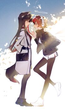 2girls angel animal_ear_fluff animal_ears arknights bag black_bag black_footwear black_hair black_jacket black_legwear closed_mouth coat detached_wings energy_wings ershisi exusiai_(arknights) halo headphones highres jacket long_hair multiple_girls open_clothes open_jacket pantyhose penguin_logistics_(arknights) red_eyes short_hair shoulder_bag tail texas_(arknights) white_coat white_footwear wings wolf_ears wolf_girl wolf_tail yellow_eyes yuri