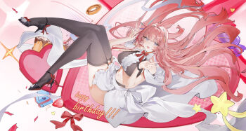 1girl :d absurdres apron aqua_hair aqua_streaks bare_shoulders black_panties black_shoes black_thighhighs bow breasts candy crop_top double_v flantia food footwear_bow frills fruit full_body grey_eyes hair_between_eyes hair_ornament hair_ribbon hair_spread_out hands_up happy_birthday high_heels highres large_breasts legs long_hair looking_at_viewer multicolored_hair navel open_mouth original panties pink_hair purple_hair purple_streaks red_bow red_ribbon ribbon shoes sleeveless smile stomach strawberry thighhighs thighs underwear v white_apron white_ribbon