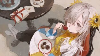 Rule 34 | 1girl, black pantyhose, boots, box, candy, chair, chocolate, chocolate heart, closed mouth, commentary, cup, dress, envelope, flower, food, from above, gift, gift box, grey hair, hair flower, hair ornament, hair over one eye, heart, heart-shaped food, holding, holding food, holding plate, hotatenshi, isekaijoucho, kamitsubaki studio, long hair, looking at viewer, multicolored dress, on chair, pantyhose, plate, saucer, second-party source, shrug (clothing), sitting, solo, table, teacup, valentine, virtual youtuber, white boots, white dress, white shrug, wooden table, yellow dress, yellow flower