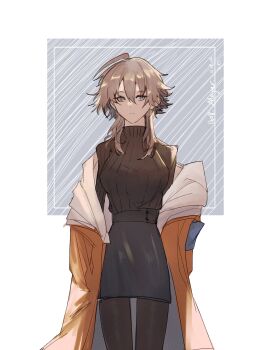 1girl :&lt; absurdres ahoge arknights black_pantyhose black_skirt black_sweater breasts character_name closed_mouth grey_background grey_eyes grey_hair hair_between_eyes haki_penguin high-waist_skirt highres inset_border jacket large_breasts long_sleeves looking_to_the_side mayer_(arknights) medium_hair off_shoulder open_clothes open_jacket orange_jacket pantyhose ribbed_sweater shirt_tucked_in sidelocks signature skirt solo sweater turtleneck turtleneck_sweater two-tone_background white_background