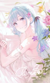 1girl aqua_eyes aqua_hair arm_tattoo backlup bare_shoulders blush braid breasts character_name character_name_tattoo collarbone commentary_request dress earrings flower hair_between_eyes hair_flower hair_ornament hatsune_miku highres hug jewelry light_blush long_hair looking_at_viewer medium_breasts number_tattoo open_mouth pink_flower purple_flower side_braid sideboob smile solo sundress tattoo twintails very_long_hair vocaloid white_dress yellow_flower