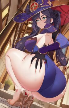 1girl absurdres ass ass_focus blue_hat blue_leotard breasts genshin_impact gold_shoes grabbing_own_ass hat highres huge_ass leotard looking_at_viewer mona_(genshin_impact) purple_hat purple_leotard shoes solo squatting string_rafart witch_hat