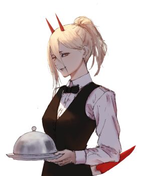 1girl absurdres black_bow black_bowtie black_vest blonde_hair bow bowtie chainsaw_man collared_shirt hair_between_eyes highres holding holding_behind_back holding_knife holding_knife_behind_back holding_tray horns knife long_sleeves looking_at_viewer orange_eyes ponytail power_(chainsaw_man) red_horns shirt solo tanuki_neko_(yamaneko) tray vest waitress white_shirt