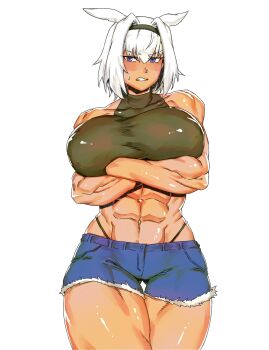 1girl abs absurdres animal_ears bare_shoulders black_shirt blue_eyes blue_shorts breasts caenis_(fate) clenched_teeth commentary cropped_shirt crossed_arms cutoffs dark-skinned_female dark_skin denim denim_shorts fate/grand_order fate_(series) hairband highres large_breasts looking_to_the_side minew muscular muscular_female navel shirt short_hair short_shorts shorts sleeveless sleeveless_shirt teeth thighs white_hair