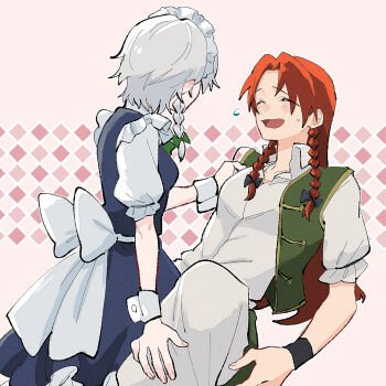 Rule 34 | 2girls, between legs, black dress, blush, braid, closed eyes, collared shirt, commentary request, dress, green vest, grey hair, hand on another's leg, hand on another's shoulder, highres, hong meiling, izayoi sakuya, maid headdress, multiple girls, open mouth, pants, pink background, red hair, shirt, side braid, smile, sweatdrop, touhou, ukei624, vest, white headdress, white pants, white shirt, wrist cuffs, wristband, yuri