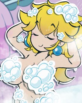 1girl absurdres arms_behind_head bathing blonde_hair border breasts censored_nipples closed_eyes convenient_censoring dress earrings fervourbunny hair_between_eyes hands_on_own_head highres huge_breasts jewelry light_blush light_smile long_eyelashes long_hair mario_(series) navel nintendo pale_skin paper_mario paper_mario:_the_origami_king pink_dress princess_peach smile thick_thighs thighs white_border wide_hips