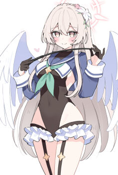 1girl angel_wings black_leotard blue_archive blue_shrug blush breasts brown_eyes brown_hair closed_mouth cosplay covered_navel flower furrowed_brow green_neckerchief hair_flower hair_ornament halo highres holding holding_riding_crop impossible_clothes impossible_leotard leotard long_hair long_sleeves looking_at_viewer medium_breasts nagisa_(blue_archive) neckerchief riding_crop sateto_(user_knrf2332) shimiko_(blue_archive) shimiko_(blue_archive)_(cosplay) shimiko_(magical)_(blue_archive) shrug_(clothing) sidelocks smile solo standing white_wings wings