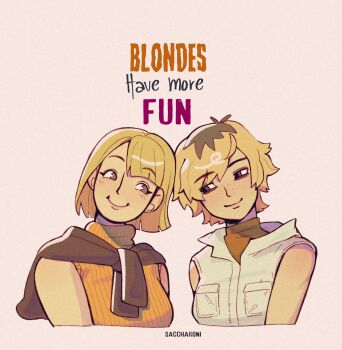 Rule 34 | 2girls, artist name, ashley graham, blonde hair, brown scarf, color connection, crossover, english text, female focus, freckles, hair color connection, heather mason, highres, multicolored hair, multiple girls, orange shirt, resident evil, roots (hair), saccharoni, scarf, shirt, short hair, silent hill (series), sleeveless, sleeveless shirt, smile, trait connection, vest, white vest