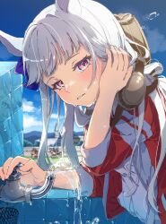 Rule 34 | 3girls, animal ears, blunt bangs, blush, bow, commentary request, day, ear ribbon, gold ship (umamusume), grey hair, hand on own face, hat, highres, horse ears, horse girl, horse tail, komeko97, long hair, long sleeves, looking at viewer, multiple girls, open mouth, outdoors, pillbox hat, purple eyes, shirt, solo focus, tail, tracen training uniform, umamusume, upper body, water, wet, wet face
