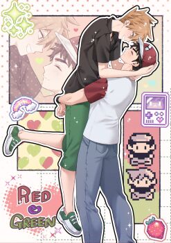 Rule 34 | 2boys, baseball cap, black hair, black shirt, blue oak, blue pants, brown eyes, brown hair, character name, closed eyes, commentary request, denim, game boy, green pants, grin, hand on another's head, handheld game console, hat, heart, highres, jeans, looking at another, male focus, multiple boys, nintendo, pants, parted bangs, pixel art, pk rgr96, pokemon, pokemon sm, red (pokemon), red hat, shirt, shoes, short-sleeves, smile, sneakers, sparle, spiked hair, two-tone shirt, wing collar, yaoi