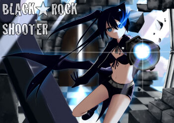 Rule 34 | 1girl, absurdres, arm cannon, belt, bikini, bikini top only, black coat, black gloves, black hair, black rock shooter, black rock shooter (character), black shorts, blue eyes, boots, checkered floor, coat, commentary request, flaming eye, flew maple, front-tie bikini top, front-tie top, gloves, glowing, glowing eye, highres, long hair, no shirt, open clothes, open coat, rock cannon, shorts, swimsuit, twintails, uneven twintails, weapon