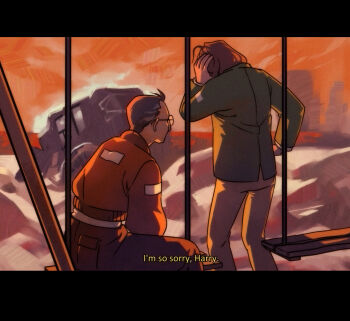 2boys bomber_jacket brown_hair brown_pants car disco_elysium english_text glasses green_jacket hair_slicked_back harry_du_bois jacket kim_kitsuragi letterboxed male_focus motor_vehicle multiple_boys orange_jacket outdoors pants red_sky sky spilledkaleidoscope standing swing_set twilight