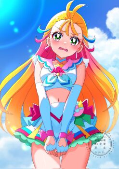 1girl bare_shoulders blonde_hair bow bow_skirt brooch choker cure_summer earrings embarrassed fingerless_gloves gloves gradient_hair green_eyes hair_ornament highres jewelry long_hair looking_at_viewer magical_girl midriff momotarouooi multicolored_hair multicolored_hair_bobbles multicolored_skirt natsuumi_manatsu navel pink_hair pink_sailor_collar precure sailor_collar shell_brooch skirt triangle_earrings tropical-rouge!_precure white_choker