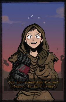 1girl artist_name blush brown_eyes brown_gloves brown_hair clenched_hands cloud english_text fallout fallout:_new_vegas flag gloves highres hood looking_at_viewer open_mouth orange_sky power_fist robe sky solo sparkle stickybones1 veronica_santangelo