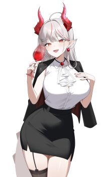 1girl absurdres ahoge belt black_jacket black_skirt breasts brooch brown_thighhighs buttons collared_shirt commission cowboy_shot crescent crescent_hair_ornament cup dragon_horns dragon_tail drinking_glass earrings fang garter_straps hair_ornament hand_on_own_chest hand_up high-waist_skirt highres holding holding_cup horns jacket jacket_on_shoulders jewelry large_breasts long_hair looking_at_viewer multicolored_hair open_mouth original partially_unbuttoned pencil_skirt pointy_ears red_eyes shirt shirt_tucked_in simple_background single_garter_strap single_thighhigh skirt sleeveless sleeveless_shirt slit_pupils smile solo standing streaked_hair tail thighhighs thighs white_background white_hair white_shirt wine_glass ysoa26