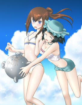 2girls :d alternate_hairstyle ball beach beachball bikini black_hair blue_sky blush breasts brown_hair closed_eyes cloud commentary_request day hat long_hair makise_kurisu medium_breasts mori_marimo multiple_girls navel ocean official_alternate_costume open_mouth outdoors polka_dot ponytail science_adventure shiina_mayuri short_hair short_shorts shorts sky smile steins;gate swimsuit upa_(steins;gate) white_bikini