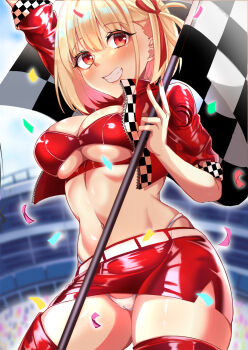 angel_lingxing arm_up blonde_hair breasts cameltoe checkered_clothes checkered_flag checkered_jacket cleavage confetti fingernails flag grin hair_ribbon highleg highleg_panties highres holding holding_flag jacket large_breasts long_fingernails lycoris_recoil midriff miniskirt nail_polish navel nishikigi_chisato panties race_queen red_eyes red_jacket red_nails red_ribbon red_thighhighs ribbon short_hair skirt smile thighhighs underboob underwear unzipped white_panties