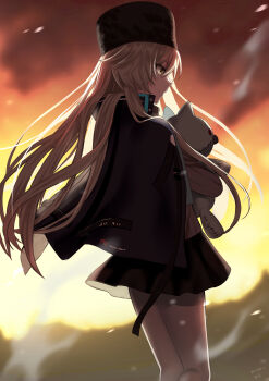 1girl absurdres backlighting black_hat black_jacket black_skirt brown_hair charlotta_skopovskaya commentary_request feet_out_of_frame fire floating_hair from_side hair_between_eyes hat heaven_burns_red highres holding holding_stuffed_toy jacket long_hair looking_down miniskirt nil_(pixiv_53614557) outdoors parted_lips pleated_skirt profile sidelocks skirt solo standing stuffed_animal stuffed_cat stuffed_toy very_long_hair yellow_eyes