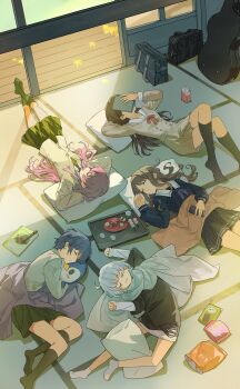5girls :3 absurdres arms_behind_head bag bang_dream! bang_dream!_it's_mygo!!!!! bird black_bag black_hair black_shirt black_socks blanket blue_shirt blue_skirt book brown_hair cellphone chihaya_anon chinese_commentary closed_eyes commentary_request dango fang food green_necktie green_skirt green_socks grey_hair grey_jacket guitar_case hanasakigawa_school_uniform haneoka_school_uniform highres holding holding_phone instrument_case jacket kaname_raana kneehighs layered_sleeves long_hair long_sleeves lying multiple_girls mygo!!!!!_(bang_dream!) nagasaki_soyo necktie no_shoes notebook on_back on_side open_book open_mouth penguin phone pink_hair sailor_collar sanshoku_dango school_bag school_uniform shiina_taki shirt short_hair short_over_long_sleeves short_sleeves skirt sleeping smartphone socks stuffed_animal stuffed_penguin stuffed_toy sunlight takamatsu_tomori tatami tsukinomori_school_uniform wagashi was775 white_hair white_sailor_collar white_shirt