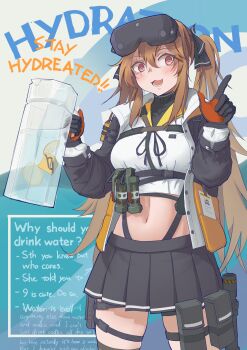 1girl 404_logo_(girls&#039;_frontline) :3 absurdres black_gloves black_skirt blush brown_hair commentary english_commentary english_text flashbang food fruit girls&#039;_frontline gloves green_pupils head-mounted_display highres holding id_card kto_znaet lemon lemon_slice lower_teeth_only midriff navel open_mouth pleated_skirt pouch red_eyes red_gloves scar scar_across_eye scar_on_face skirt solo teeth twintails two-tone_gloves ump9_(girls&#039;_frontline) ump9_(mod3)_(girls&#039;_frontline)