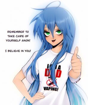 1girl ahoge blue_hair clothes_writing commentary double-parted_bangs english_commentary green_eyes hair_between_eyes hand_on_own_hip highres izumi_konata long_hair looking_at_viewer lucky_star mole mole_under_eye open_mouth sanpaku shirt short_sleeves simple_background smile solo teyoid thumbs_up upper_body white_background white_shirt