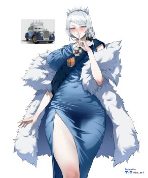1girl absurdres artist_name black_sash blue_dress blue_eyes blush breasts car cars_(movie) closed_mouth coat_of_arms covered_navel crown dress earrings feather_boa grey_hair highres jewelry large_breasts long_hair motor_vehicle nisp_art personification queen_(cars) sash side_slit skin_tight smile tight_clothes tight_dress vehicle_and_personification