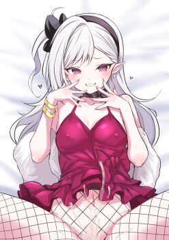 absurdres black_flower black_hairband blue_archive bottomless bow bow_choker choker clothed_after_sex cum cum_on_body dress earrings fishnet_pantyhose fishnets flower fur_shawl hair_flower hair_ornament hairband highres implied_after_sex jewelry kokechan mesugaki missing_halo mutsuki_(blue_archive) mutsuki_(dress)_(blue_archive) official_alternate_costume on_bed pantyhose pearl_earrings pointy_ears purple_eyes red_dress shawl side_ponytail sleeveless sleeveless_dress sweatdrop white_hair