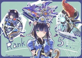 1girl animal_ears armor black_hair blue_armor blue_hat breasts brown_hair character_request commentary_request commission gameplay_mechanics green_background green_eyes hat highres holding holding_sword holding_weapon k9-17_"ripper" k9-17_izuna mizutama_(mizutamalion) multicolored_hair one_eye_closed simple_background skeb_commission sword tail two-tone_hair upper_body weapon weasel_ears weasel_girl weasel_tail yu-gi-oh!