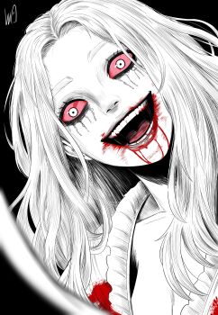 1girl absurdres blood blood_from_mouth blood_on_clothes blood_on_mouth bloodshot_eyes bloody_clothes bloody_dress colored_sclera crazy_eyes crazy_smile dress highres horror_(theme) long_hair looking_at_viewer lughost makeup open_mouth red_sclera resident_evil resident_evil_requiem runny_makeup selena_corey smile solo spot_color wide_mouth zombie