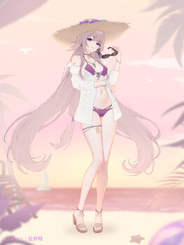 1girl alternate_costume arm_tattoo artist_name ball bare_legs bare_shoulders beach beachball bikini blurry blurry_background blurry_foreground breasts brown_hair chinese_commentary closed_mouth commentary_request depth_of_field evening full_body hat herta_(honkai:_star_rail) high_heel_sandals highres holding holding_removed_eyewear honkai:_star_rail honkai_(series) legs long_hair looking_at_viewer medium_breasts nail_polish navel off_shoulder open_clothes open_shirt orange_sky outdoors purple_bikini purple_eyes purple_nails sandals see-through_clothes see-through_shirt shirt sky smile solo standing stomach straw_hat sunglasses swimsuit tattoo the_herta_(honkai:_star_rail) thighs toenail_polish toenails unworn_eyewear very_long_hair white_shirt yunkaiming