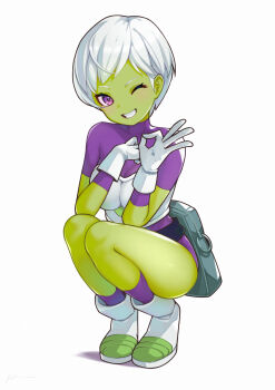 1girl absurdres bag boots breasts cheelai colored_skin dragon_ball dragon_ball_super full_body gloves green_skin grin highres itou_kazuki ok_sign one_eye_closed purple_eyes short_hair short_sleeves skin_tight smile solo squatting white_gloves white_hair