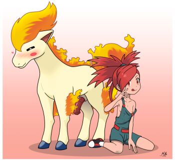 1boy 1girl after_fellatio aged_down animal_penis artist_name bare_shoulders bestiality black_shoes blue_overalls blush collarbone cum cum_in_mouth denim_overalls dot_nose flaccid flannery_(pokemon) flat_chest gen_1_pokemon gokkun gradient_background hand_up hetero horse_penis licking_lips loli looking_at_viewer matching_hair/eyes monosex multicolored_shoes nintendo nipples orange_background overalls penis pokemon pokemon_(creature) pokemon_ruby/sapphire/emerald pokephilia ponyta ponytail red_eyes red_hair red_shoes shoes short_hair short_ponytail sideways_glance simple_background sitting sneakers socks strap_slip tongue tongue_out two-tone_background uncensored wariza white_background white_shoes white_socks zoophilia