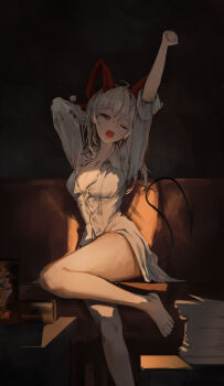 1girl absurdres bags_under_eyes bare_legs barefoot black_tail breasts can collared_shirt commentary couch curled_horns demon_tail drink_can english_commentary hair_between_eyes highres horn_cover horns hwan_(user_cvmy2758) large_breasts legs long_hair mole mole_under_eye multicolored_hair no_bra on_couch one_eye_closed open_mouth paper_stack partially_unbuttoned red_eyes shirt sitting solo streaked_hair stretching tail toes white_hair white_shirt wuthering_waves yawning zani_(wuthering_waves)