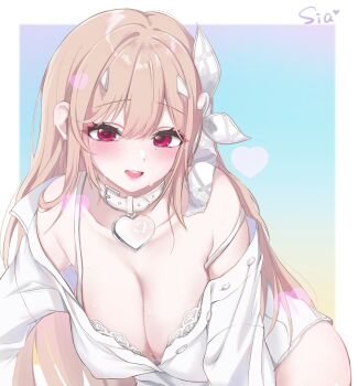 1girl :d artist_name bare_shoulders blonde_hair blush bra breasts cleavage collarbone goddess_of_victory:_nikke hair_ornament heart_collar highres large_breasts leaning_forward lingerie long_hair looking_at_viewer mole mole_under_eye olo open_mouth red_eyes shirt sia233333 smile unbuttoned unbuttoned_shirt underwear viper_(nikke) viper_(shine_of_love)_(nikke) white_bra white_shirt