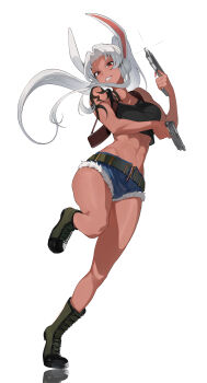 1girl abs absurdres animal_ears bare_shoulders belt beretta_92 black_lagoon black_tank_top boku_no_hero_academia boots breasts collarbone cosplay crop_top cutoffs dark-skinned_female dark_skin denim denim_shorts floating_hair full_body grin gun handgun highres holding holster kopam large_breasts long_eyelashes long_hair looking_at_viewer midriff mirko navel parted_bangs ponytail rabbit_ears rabbit_girl red_eyes revy_(black_lagoon) revy_(black_lagoon)_(cosplay) short_shorts shorts shoulder_holster shoulder_tattoo simple_background smile solo standing standing_on_one_leg stomach tank_top tattoo thick_thighs thighs tiptoes toned toned_female tribal_tattoo very_long_hair weapon white_background white_hair