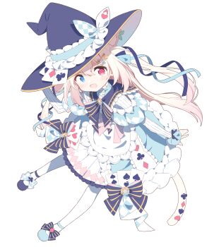 1girl :d absurdres ace_(playing_card) ace_of_clubs ace_of_diamonds ace_of_hearts animal_ear_fluff animal_ears blonde_hair blue_dress blue_eyes blue_shoes blush bow bowtie card cat_ears cat_girl cat_tail club_(shape) commentary_request commission diamond_(shape) dot_nose double-parted_bangs dress dress_bow frilled_dress frilled_ribbon frills full_body hair_between_eyes hat hat_ribbon heart heterochromia highres long_hair long_sleeves looking_at_viewer open_mouth original pantyhose playing_card pleated_dress purple_bow purple_bowtie purple_hat purple_sailor_collar red_eyes ribbon sailor_collar shoes simple_background skeb_commission smile solo striped_bow striped_bowtie striped_clothes tail urotsuki_(ku9625) white_background white_pantyhose witch_hat