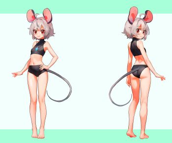 1girl absurdres ahoge alternate_costume animal_ears ass barefoot black_panties black_shirt blush breasts closed_mouth commentary commission crop_top english_commentary full_body grey_hair hand_on_own_hip highres jewelry large_variant_set looking_at_viewer midriff mouse_ears mouse_girl mouse_tail multiple_views navel nazrin necklace open_mouth panties pendant red_eyes second-party_source shirt short_hair sleeveless sleeveless_shirt small_breasts smile tail toes touhou tsukiyono_aroe underwear variant_set