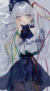 1girl adapted_costume arm_up black_pantyhose blue_dress blue_hat cigarette commentary_request cowboy_shot detached_sleeves dress fingernails grey_background grey_eyes grey_hair hand_on_own_cheek hand_on_own_face hat highres holding holding_cigarette long_hair looking_at_viewer mononobe_no_futo one-hour_drawing_challenge open_mouth pantyhose red_nails ribbon-trimmed_sleeves ribbon_trim shinjitsu_no_kuchi smile smoke solo touhou white_sleeves