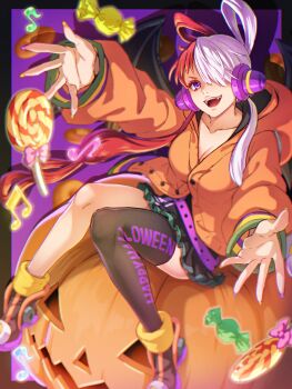 Rule 34 | 1girl, absurdres, asymmetrical bangs, black skirt, black thighhighs, breasts, candy, cariyacalco, cleavage, collarbone, commentary request, fangs, food, hair rings, halloween, headphones, highres, hood, hood down, hoodie, long hair, long sleeves, looking at viewer, medium breasts, miniskirt, multicolored hair, musical note, one piece, one piece film: red, open hands, open mouth, orange hoodie, outstretched arms, pleated skirt, pumpkin, purple eyes, red hair, single thighhigh, sitting, skirt, solo, thighhighs, two-tone hair, uta (one piece), white hair