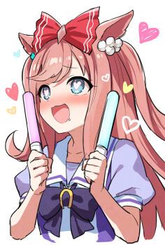 1girl agnes_digital_(umamusume) animal_ears blue_eyes blush bow bowtie breasts collarbone drooling glowstick hair_bow hair_ornament heart heart-shaped_pupils himejoshi holding holding_glowstick horse_ears horse_girl long_hair mauve mouth_drool open_mouth pink_hair puffy_short_sleeves puffy_sleeves purple_bow purple_bowtie purple_shirt red_bow sailor_collar sailor_shirt school_uniform shirt short_sleeves smile solo symbol-shaped_pupils tracen_school_uniform two_side_up umamusume upper_body white_sailor_collar