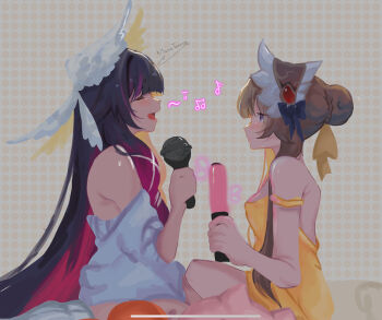 Rule 34 | 2girls, bare shoulders, black hair, blanket, blue eyes, blush, bonnet, bow, breasts, brown hair, closed eyes, closed mouth, columbina (genshin impact), genshin impact, glowstick, grid background, hair ornament, head wings, highres, kitsunetenma, long hair, microphone, multicolored hair, multiple girls, multiple wings, music, musical note, nightgown, open mouth, purple hair, purple streaks, ribbon, sandrone (genshin impact), short hair with long locks, singing, sitting, sleepwear, smile, staring, strap slip, streaked hair, two-tone hair, very long hair, white headdress, white nightgown, white wings, wing hair ornament, wings, yellow nightgown, yuri