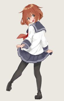 1girl absurdres black_shoes blue_sailor_collar blue_skirt blush brown_hair commentary_request fang from_behind grey_background hair_between_eyes hair_ornament hairclip highres holding_own_skirt iizuka_izu ikazuchi_(kancolle) kantai_collection loafers long_sleeves looking_back neckerchief open_mouth pantyhose pleated_skirt red_neckerchief sailor_collar school_uniform serafuku shoes short_hair simple_background skirt solo standing