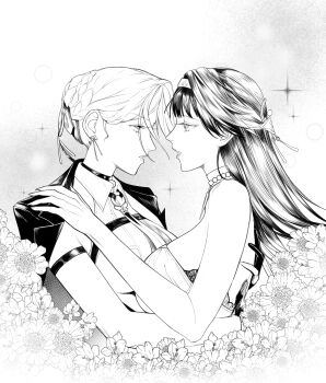 Rule 34 | 2girls, arm strap, astra yao, bare arms, braid, braided bun, breasts, collared shirt, commentary, dress, english commentary, evelyn chevalier, eye contact, flower, greyscale, hair bun, hairband, hand on another's back, hand on another's shoulder, highres, jacket, jacket on shoulders, jewelry, large breasts, long hair, looking at another, monochrome, multiple girls, necklace, open mouth, shirt, sleeveless, sleeveless shirt, sofi (sefiiru), sparkle, yuri, zenless zone zero