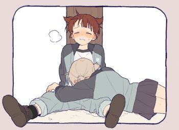 1girl against_tree aki_(girls_und_panzer) black_skirt blonde_hair blush brown_hair brown_shoes closed_eyes commentary_request dayama girls_und_panzer girls_und_panzer_gekijouban implied_fellatio jacket mikko_(girls_und_panzer) open_clothes open_jacket pants parted_lips red_hair shirt shoes short_hair sitting skirt sweat tree white_background white_shirt