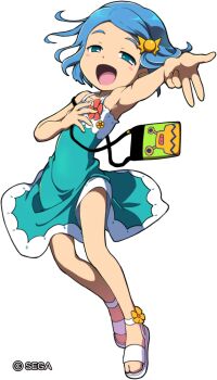 1girl armpits bag blue_dress blue_eyes blue_hair blush_stickers chunithm commentary_request copyright_notice dress dress_flower flower hair_ornament hand_on_own_chest handbag kamiya_hiyoko multicolored_dress mushiking official_art open_mouth reaching reaching_towards_viewer sandals shin_kouchuu_ouja_mushiking shirataki short_hair shoulder_bag sleeveless sleeveless_dress solo sundress white_background white_dress white_sandals