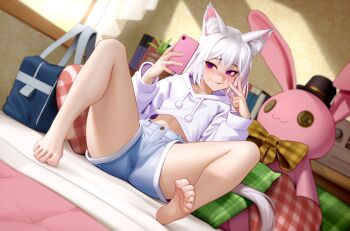 1girl absurdres animal_ears barefoot blush breasts cellphone commission feet foot_focus highres kairunoburogu legs midriff_peek original phone purple_eyes shiro_(lpgamingu) short_hair shorts sitting smile soles solo spread_legs thighs toe_scrunch toenails toes v white_hair wrinkled_feet