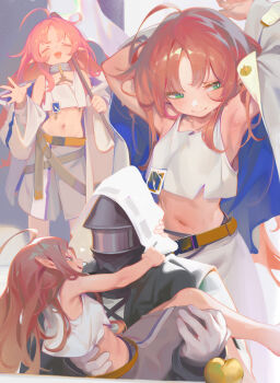 1boy 1girl absurdres ahoge apple arknights armpits arms_up breasts carrying carrying_person closed_eyes closed_mouth commentary cropped_shirt doctor_(arknights) english_commentary food fruit gloves golden_apple green_eyes grey_skirt hetero highres jacket loli long_hair male_doctor_(arknights) midriff multiple_views myrtle_(arknights) navel open_mouth pointy_ears princess_carry red_hair shirt skirt sleeveless sleeveless_shirt small_breasts smile villainchin white_gloves white_jacket white_shirt