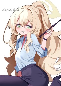 Rule 34 | 1girl, 4rion, :d, absurdres, arm at side, black pantyhose, black skirt, blue archive, blush, breasts, collared shirt, commentary, cowboy shot, cowlick, green eyes, grin, hair between eyes, hair intakes, halo, hand up, highres, index finger raised, long hair, long sleeves, official alternate costume, official alternate hairstyle, open mouth, pantyhose, pencil skirt, ponytail, professor niyaniya (blue archive), professor niyaniya (teacher) (blue archive), shirt, sidelocks, simple background, sitting, skirt, small breasts, smile, solo, twitter username, very long hair, wavy hair, white background, white shirt, yellow halo