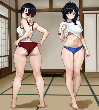 2girls ahoge ass asymmetrical_bangs ayase_yuu bare_legs barefoot black_hair blonde_hair blue_eyes blue_hair blue_panties breasts brown_eyes clothes_pull commentary commission crop_top crossed_legs dolphin_shorts fingernails from_behind full_body gradient_hair heterochromia highres indoors kannagi_loki kneepits knees large_breasts looking_at_viewer messy_hair midriff multicolored_hair multiple_girls navel nihu no_pants panties phase_connect red_eyes red_shorts second-party_source shadow shirt shirt_pull short_shorts short_sleeves shorts shorts_pull shouji sideboob skindentation sliding_doors sportswear standing streaked_hair tank_top tatami toenails toes underwear virtual_youtuber watson_cross white_shirt white_tank_top wolf_cut