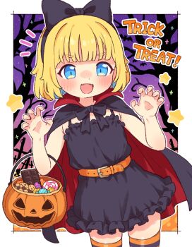 1girl :d assistant_(onyhakase) bare_arms belt black_bow black_dress black_hairband black_thighhighs blonde_hair blue_eyes blush bow bow_hairband cape claw_pose commentary_request cookie cowboy_shot dress english_text fangs food hairband halloween halloween_bucket high-waist_belt night notice_lines onyhakase open_mouth orange_belt orange_thighhighs original short_dress short_hair sleeveless sleeveless_dress smile solo striped_clothes striped_thighhighs thighhighs tree trick_or_treat